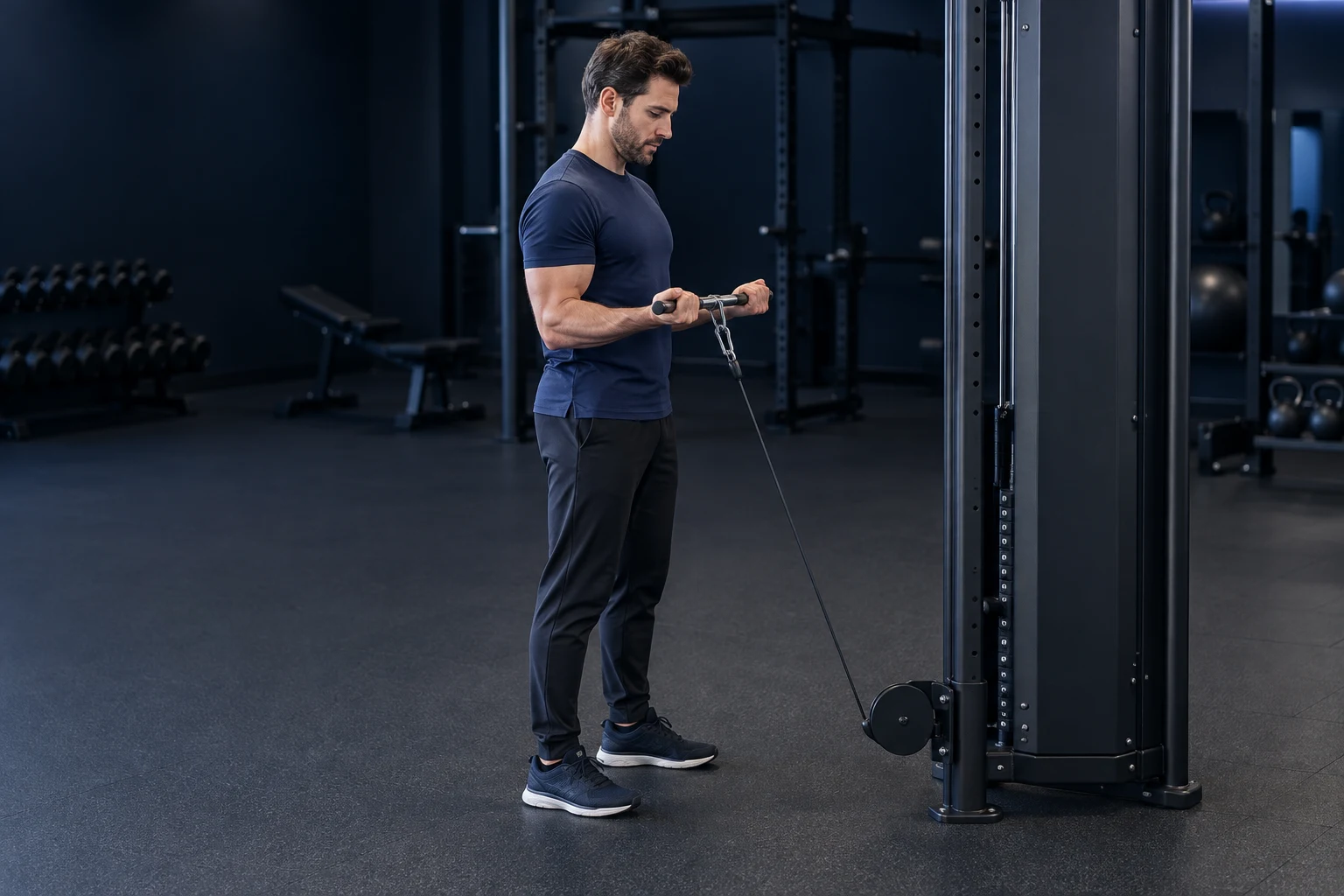 Standing low-cable biceps curl in a gym – illustration