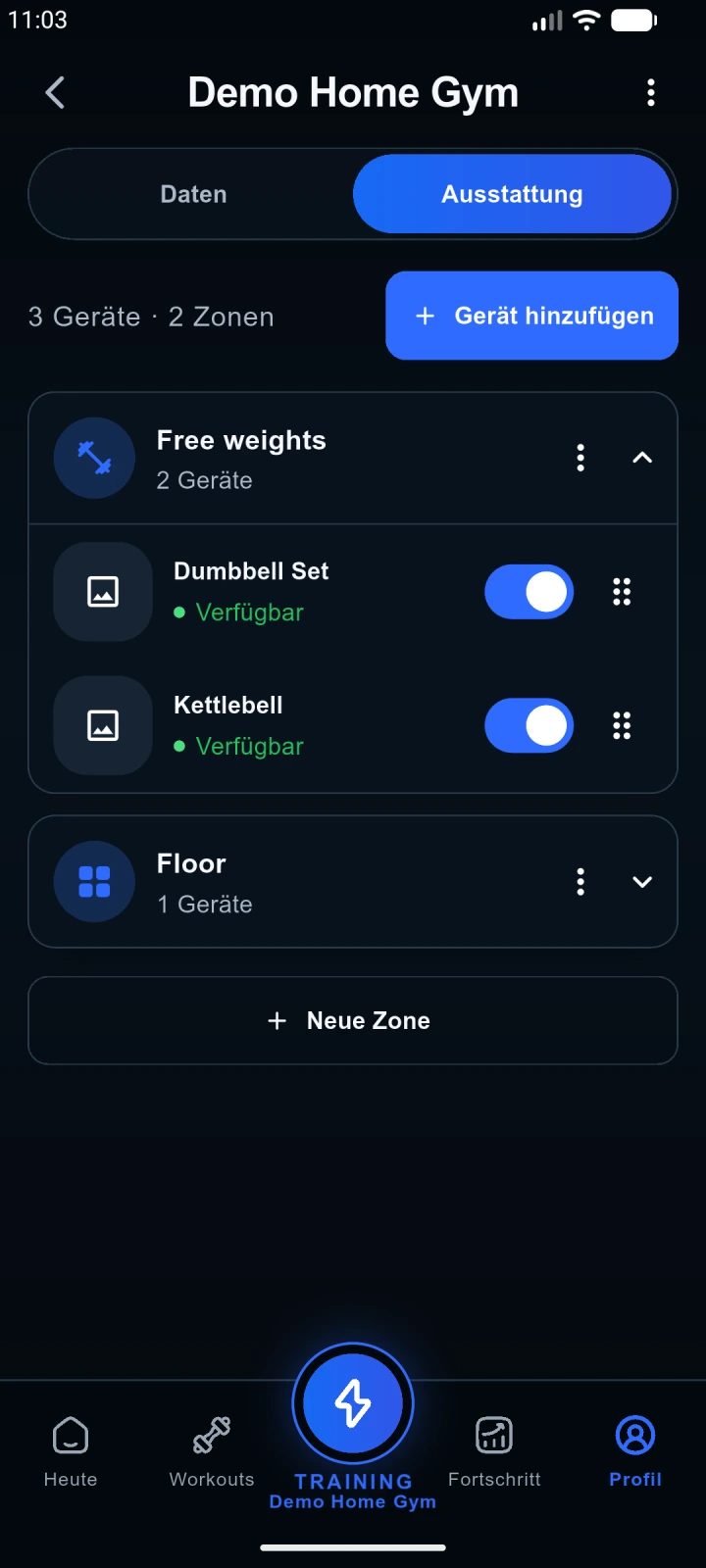 Ausrüstung und Zonen eines Trainingsorts in der nativen AnyGear-App