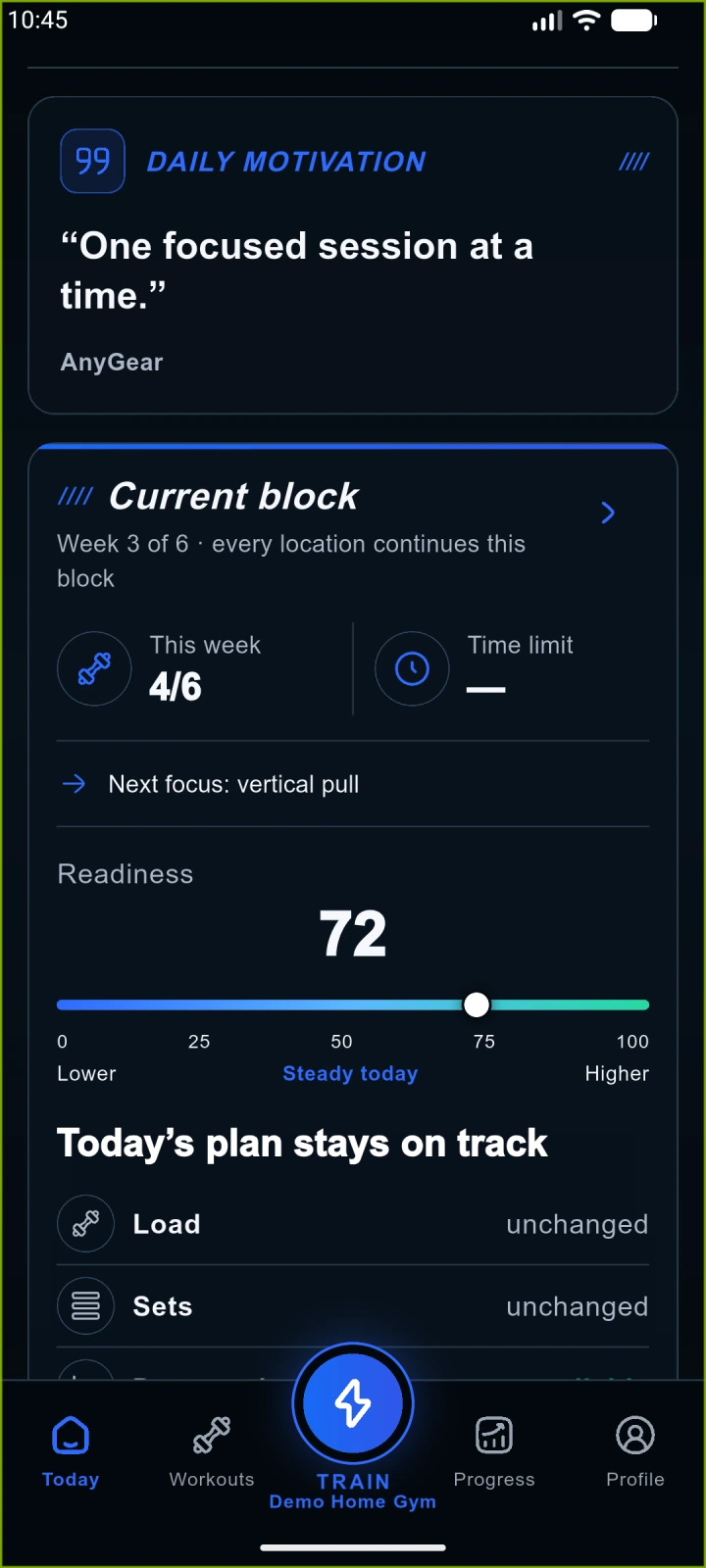 AnyGear Coach insight and check-in in the native phone app