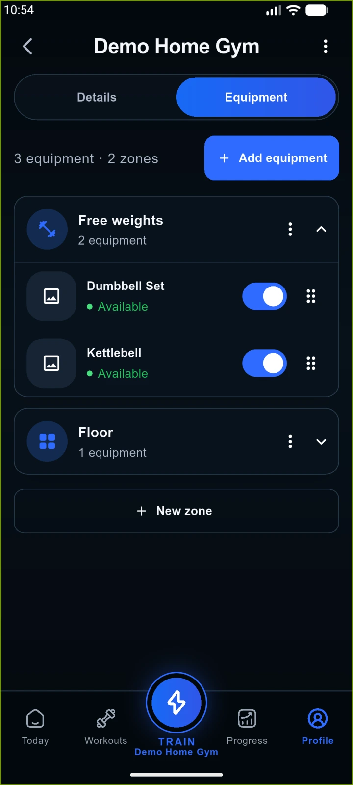 Training location equipment and zones in the native AnyGear app