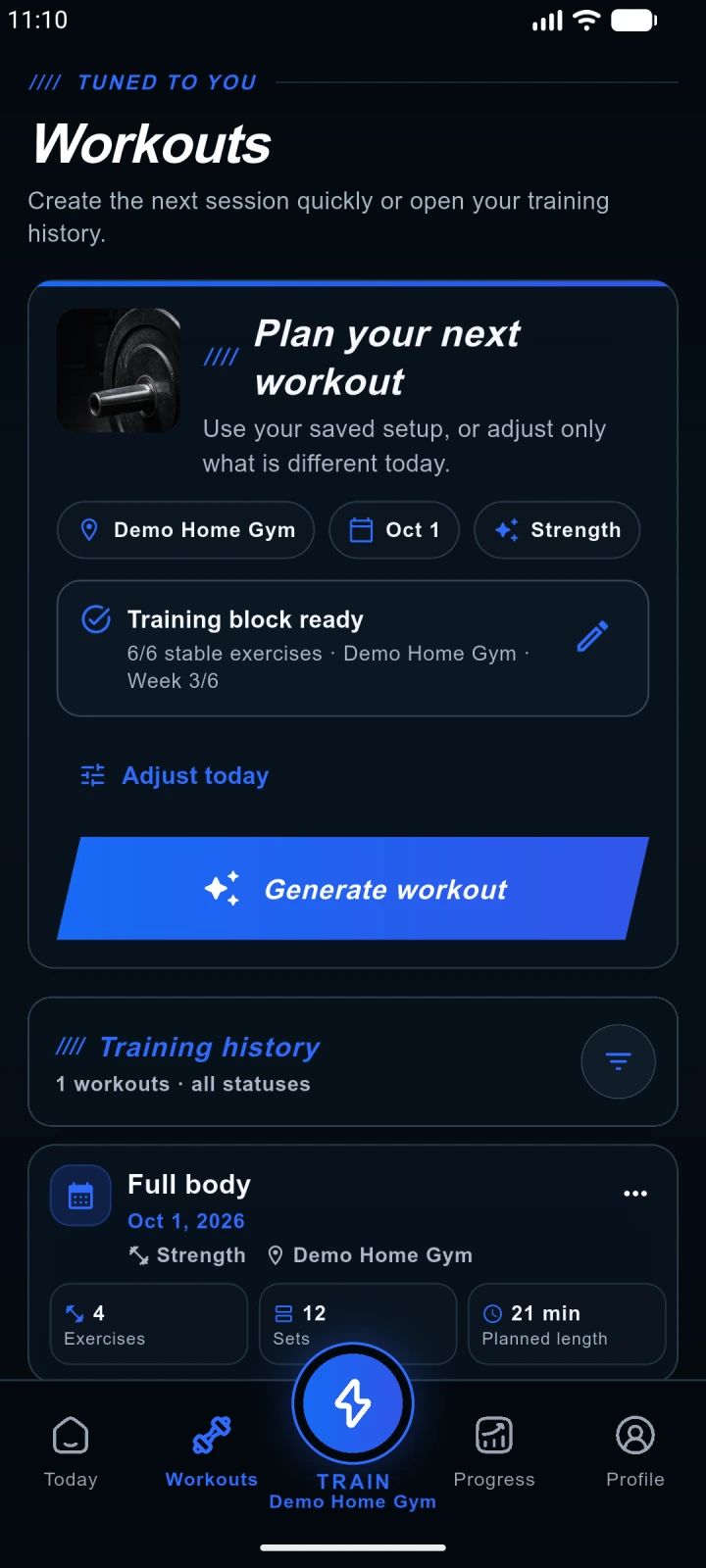 AnyGear workout planner in the native phone app