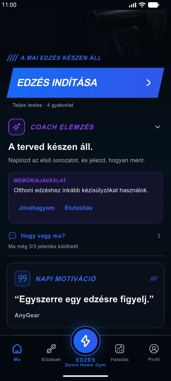 AnyGear Coach-elemzés és állapotjelzés natív telefonos felületen