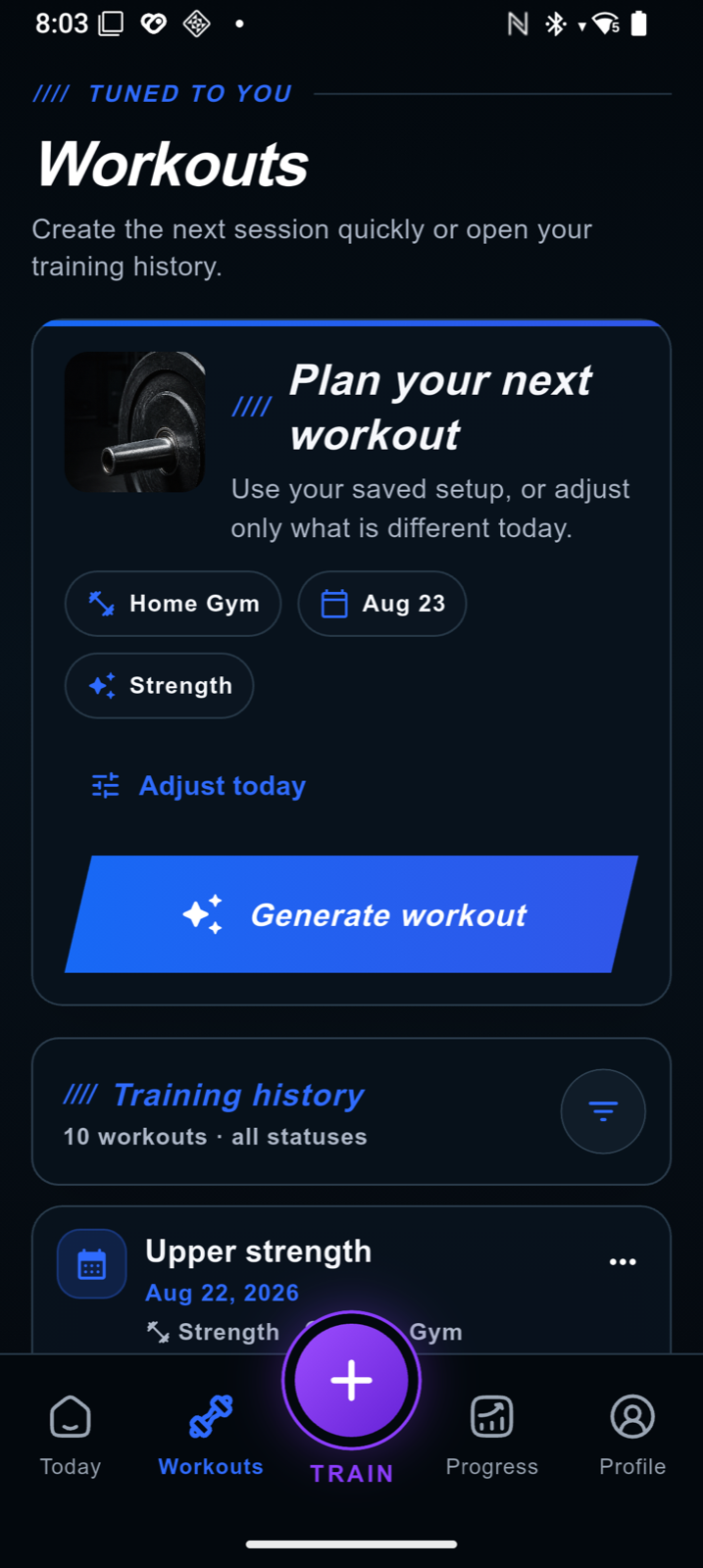 AnyGear AI workout generator screen