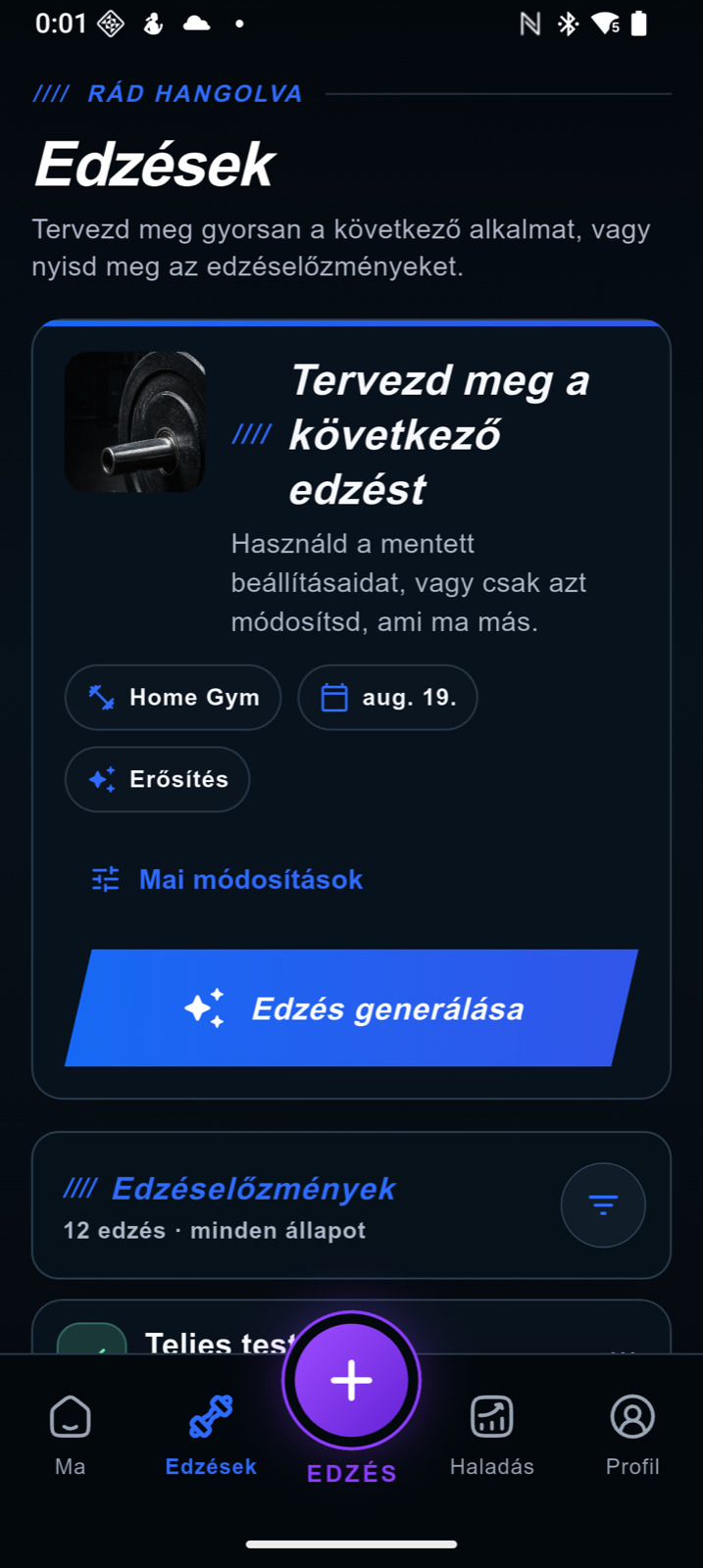 AnyGear AI edzésgeneráló képernyő