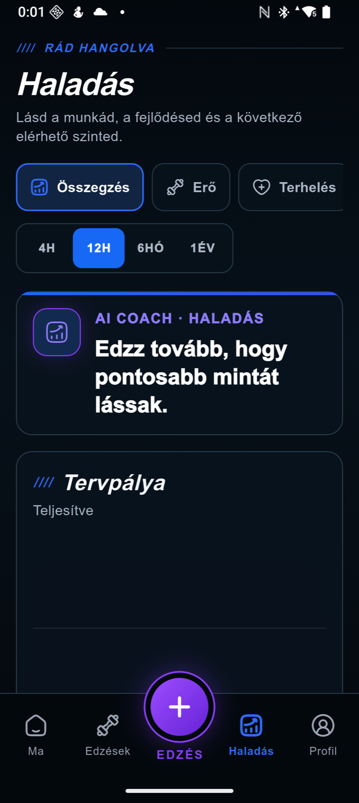 AnyGear haladás és AI coach elemzés képernyő
